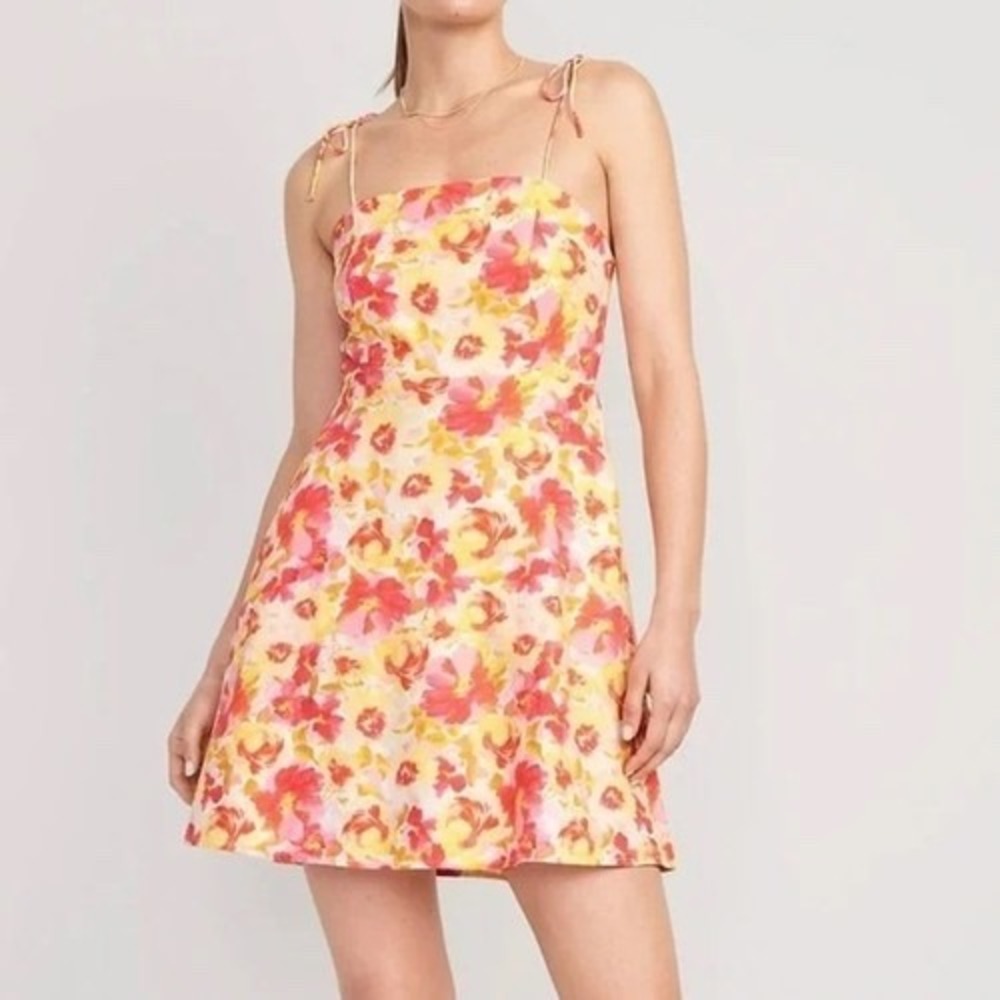 Old Navy Linen Blend Cami Tie Shoulder Dress Size L Tall Pink Yellow Beachy